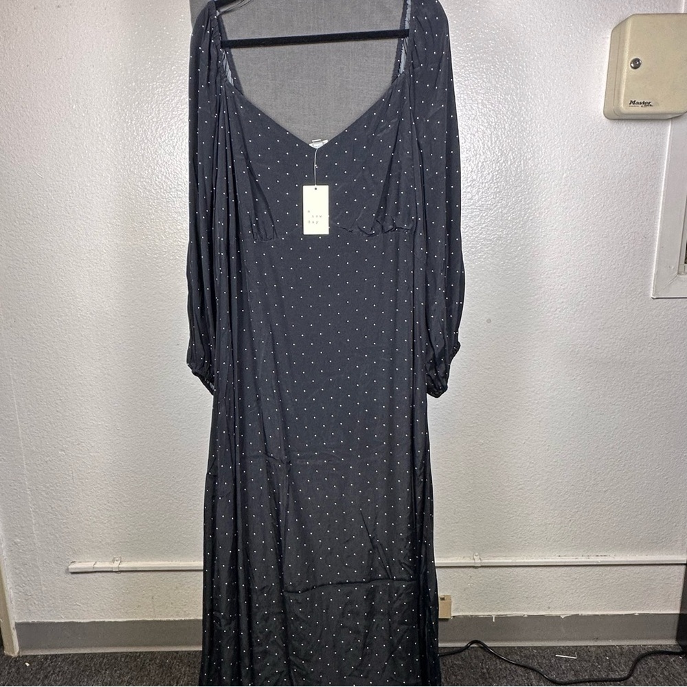 a new day Black Long Sleeve Dress with White Dots‎